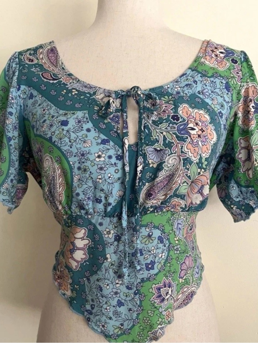 Women’s Paisley Tie-Front Blouse in Teal and Green